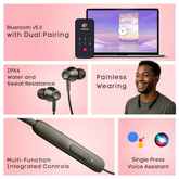 Feature highlights of the neckband earphones including voice assistant, magnetic earbuds, and playback control